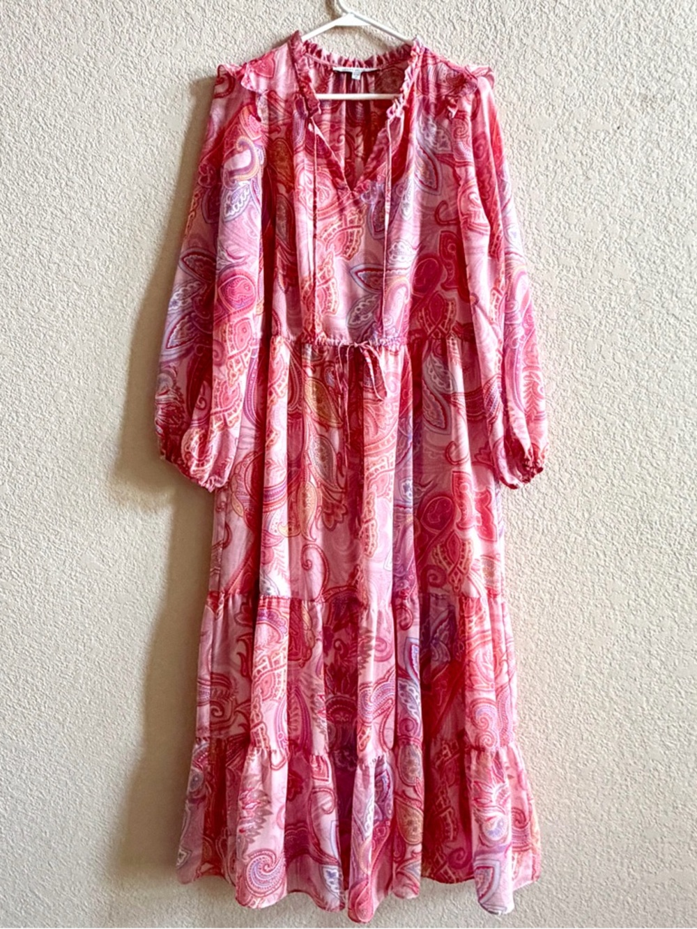 Julia Jordan Pink‎ Dress Midi Sz 12 Paisley Drawstring Waist Chiffon Long Sleeve